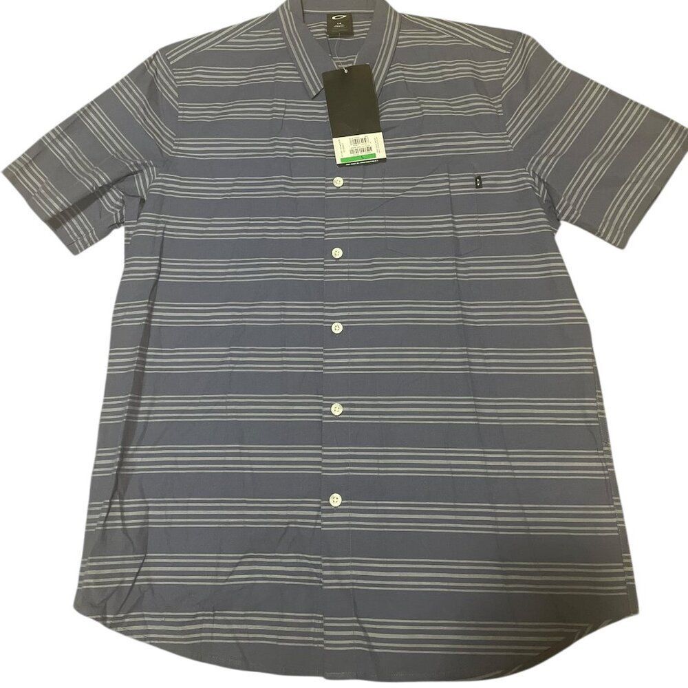Oakley Stoke Woven Shirt Mens Large Blue Indigo Striped Short Sleeve Cotton NWT